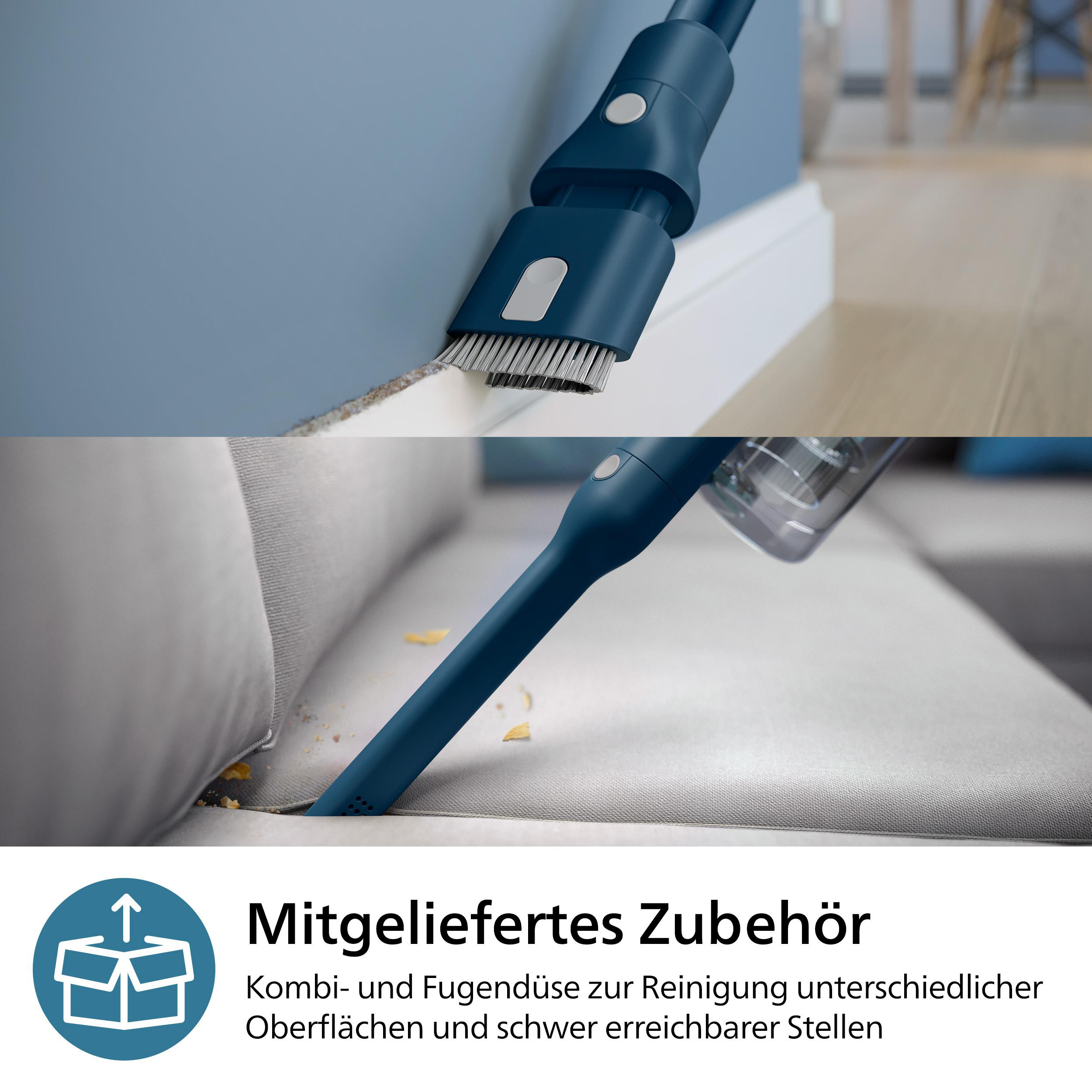 Nahaufnahme von Staubsaugeraufsätzen, die ein Sofa und eine Wand reinigen, mit Text: Mitgeliefertes Zubehör.