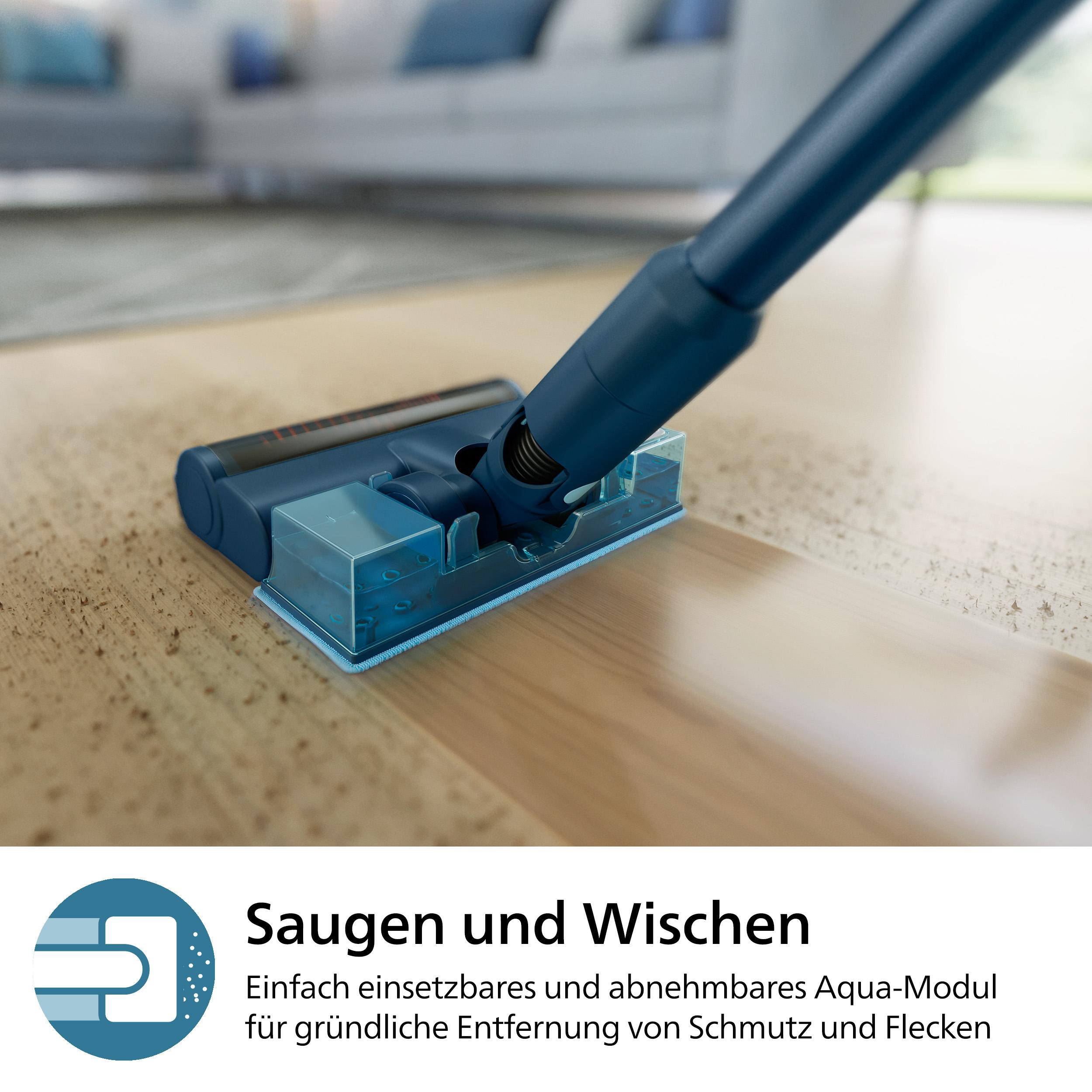 Vakuumdüse reinigt Holzboden. Aqua-Modul ist sichtbar.