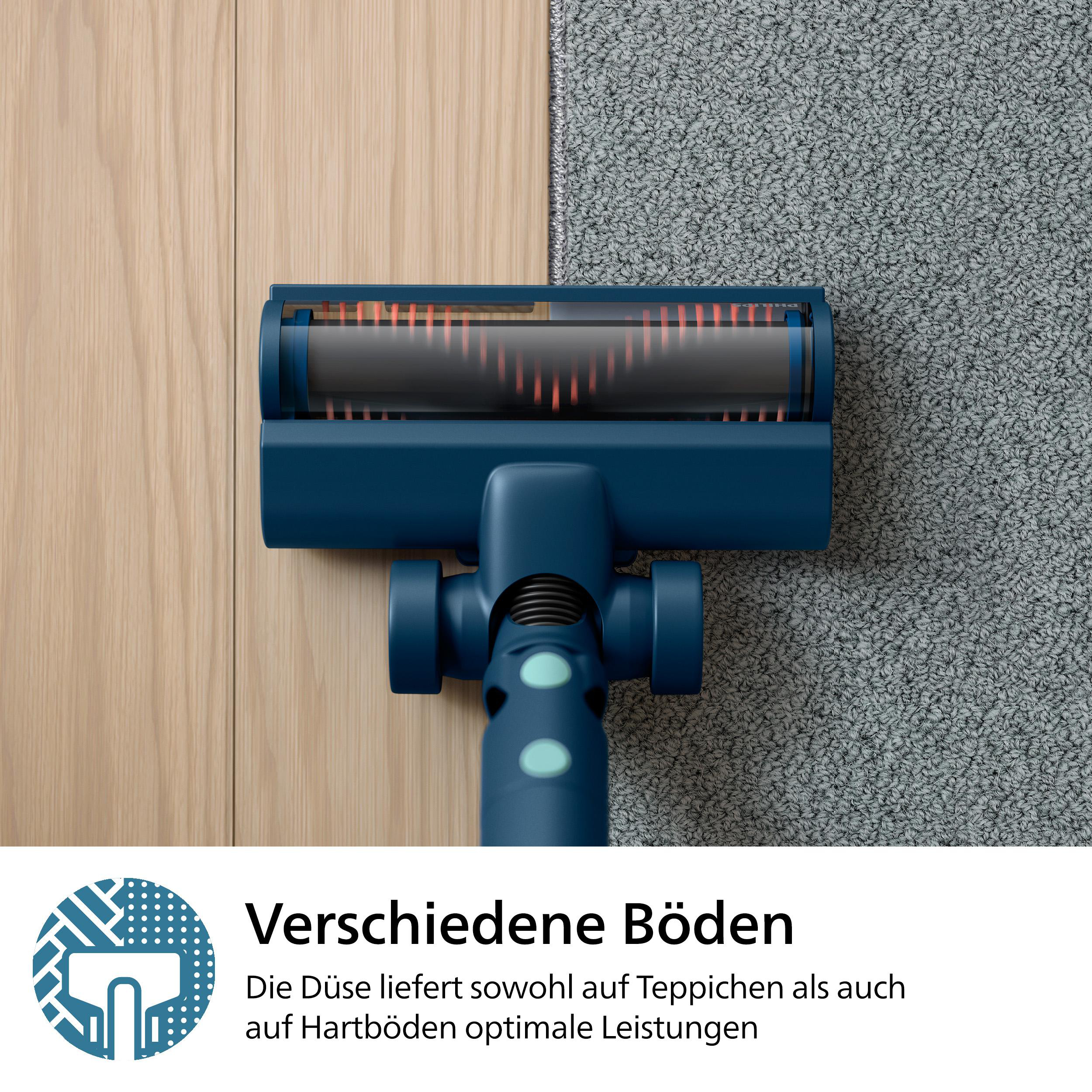 Blauer Staubsaugerkopf auf Holz- und Teppichboden. Das Bild zeigt die Reinigung verschiedener Oberflächen.