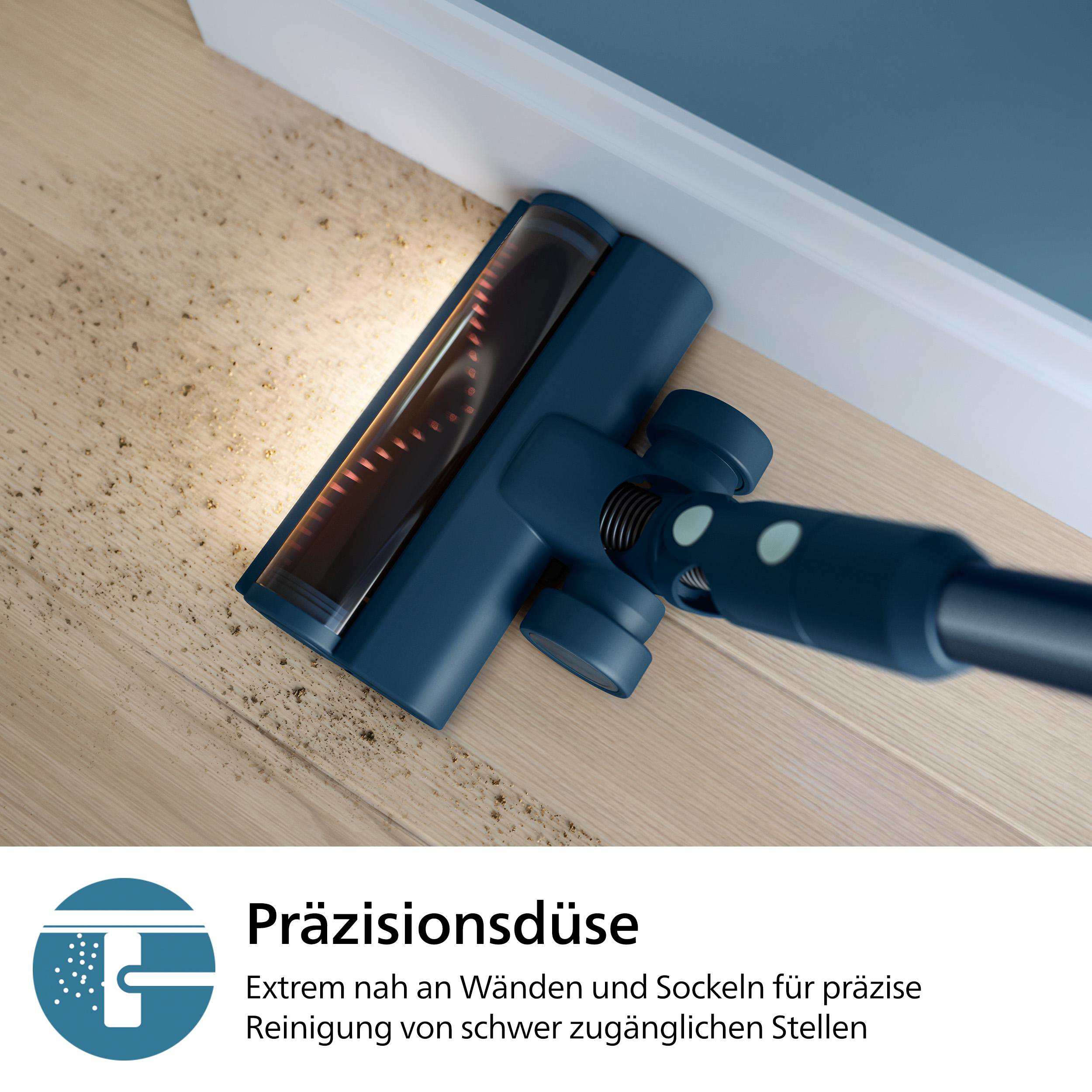 Ein Staubsaugerkopf reinigt einen Holzboden. Text sagt 'Präzisionsdüse' und Details.