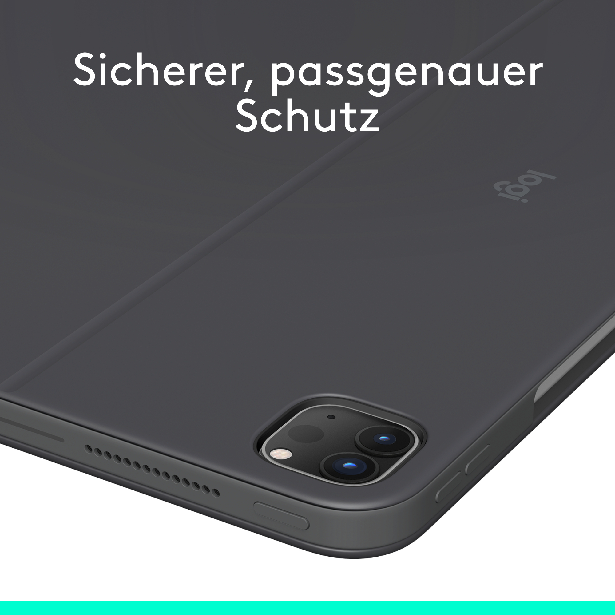 Nahaufnahme einer dunkelgrauen Tablethülle mit Text: 'Sicherer, passgenauer Schutz'.
