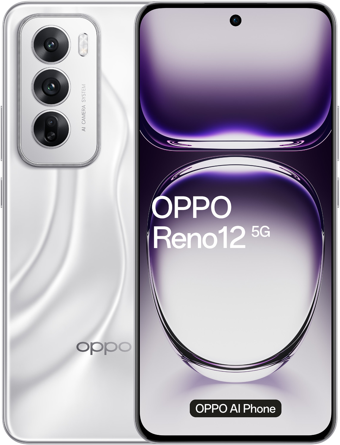 Biały telefon Oppo Reno 12 5G, widok z tyłu i z przodu, z aparatami.