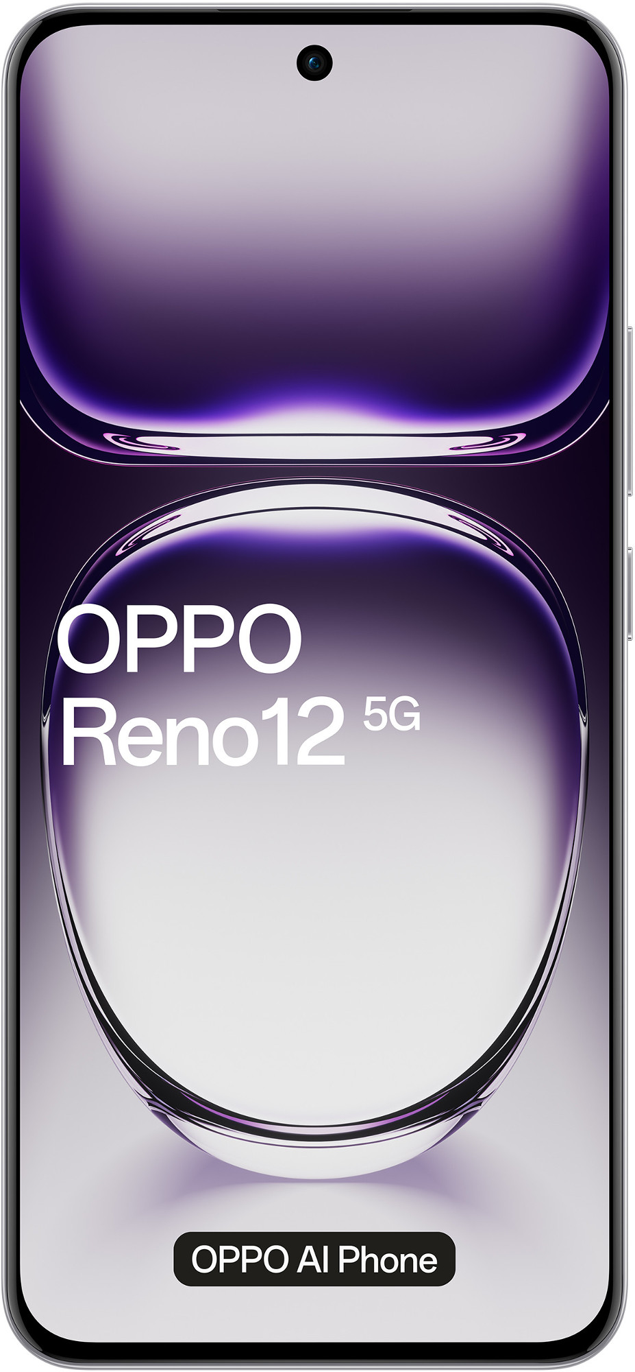 Srebrny telefon Oppo Reno12 5G z dużym zakrzywionym ekranem i aparatem na białym tle.