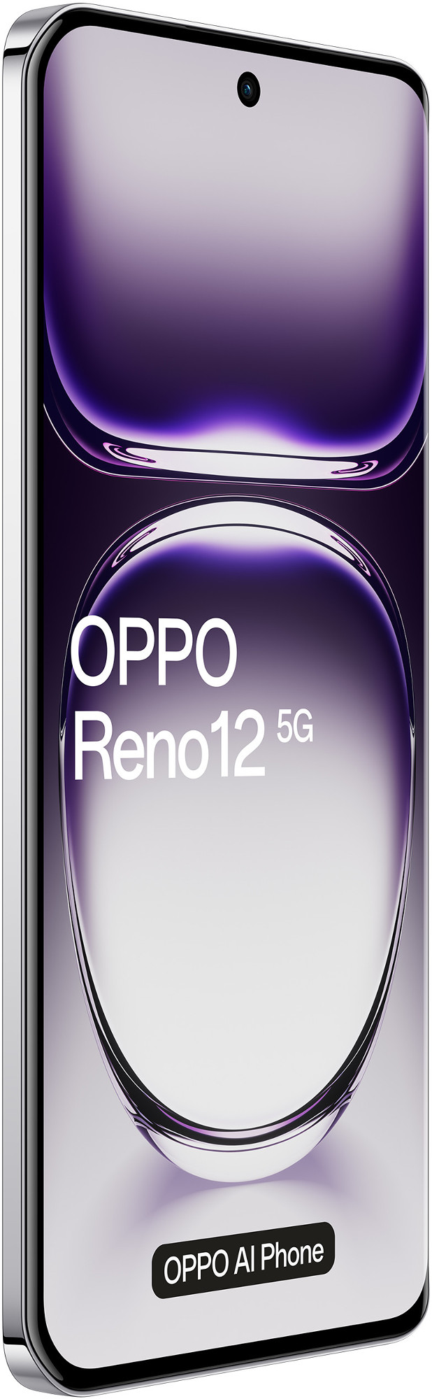 Smartfon z zakrzywionym wyświetlaczem. Wyświetlacz pokazuje logo Oppo Reno12 5G.