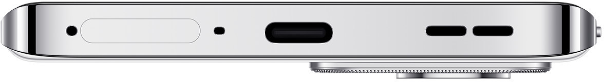 Spód srebrnego telefonu. Znajduje się port ładowania, mikrofon i głośniki.