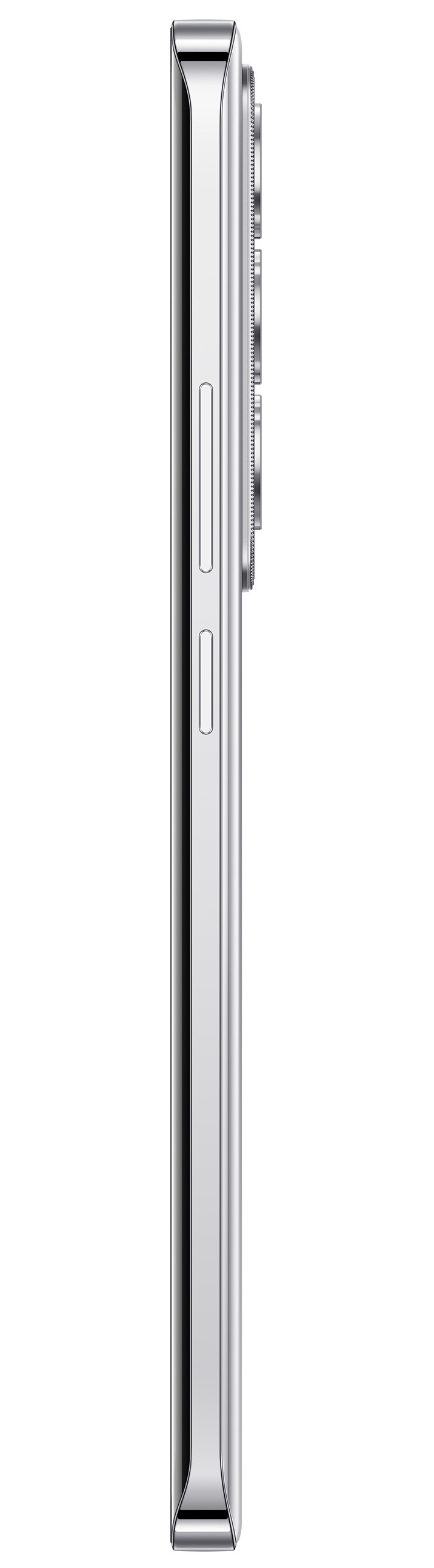 Widok z boku srebrnego smartfona. Widoczne przyciski i obiektywy aparatu. Białe tło.