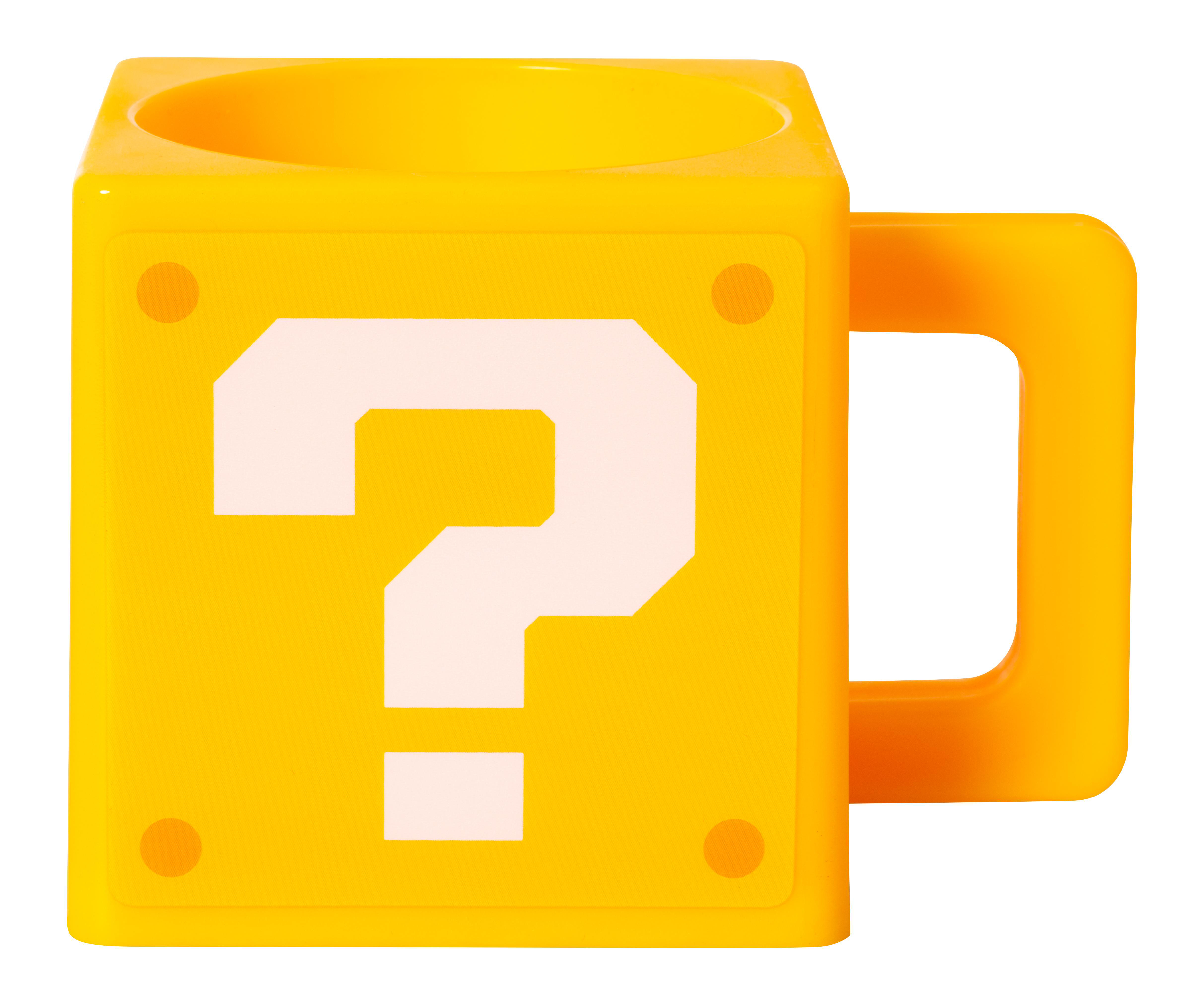 Gelber Super Mario Fragezeichen-Block-Becher mit Henkel.