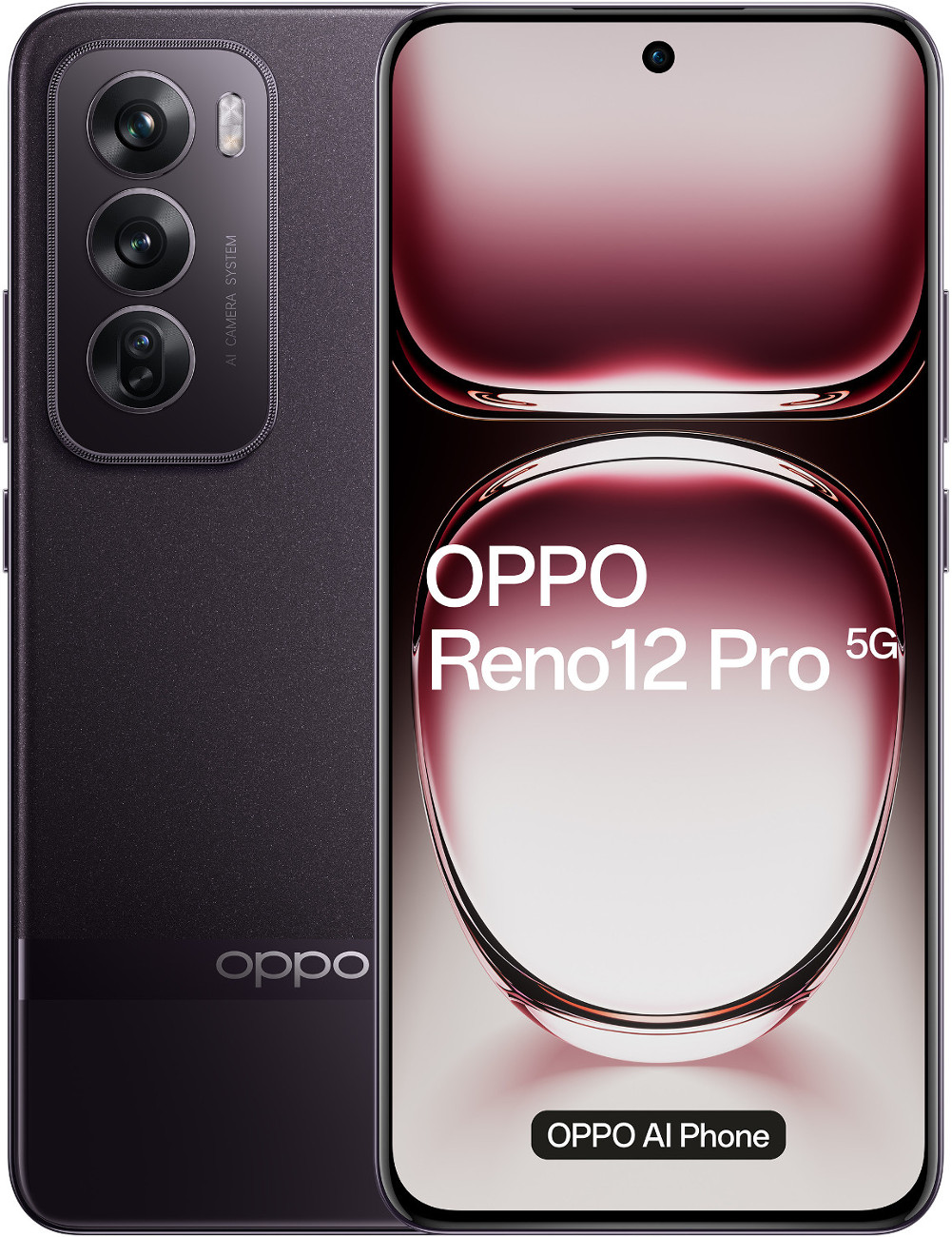 Czarny telefon z trzema aparatami, przednim aparatem i napisem 'OPPO Reno12 Pro 5G'.