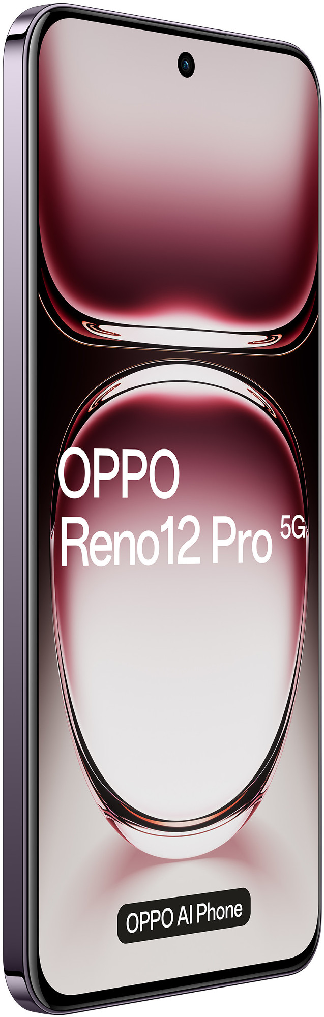 Telefon OPPO Reno12 Pro 5G, pokazany z boku. Ma zakrzywiony ekran i aparat.