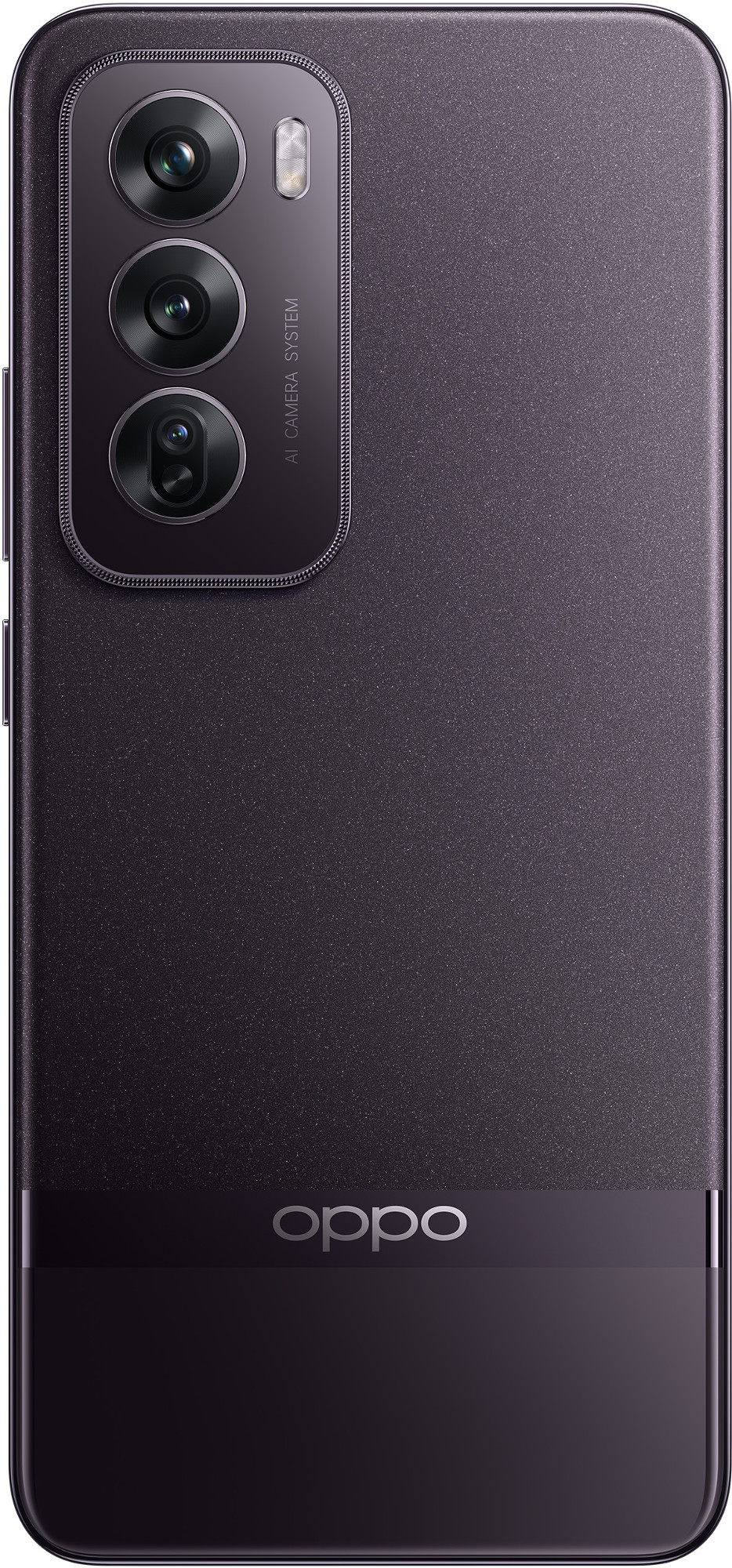 Ciemnofioletowy smartfon z trzema aparatami. Logo Oppo znajduje się na dole telefonu.