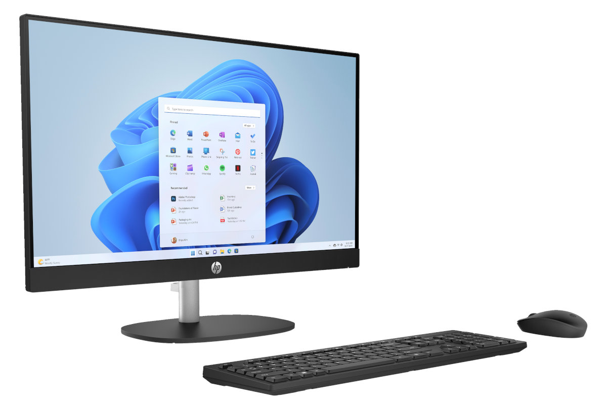 Komputer HP all-in-one z czarnym ekranem, klawiaturą i myszą, wszystko na białym tle.