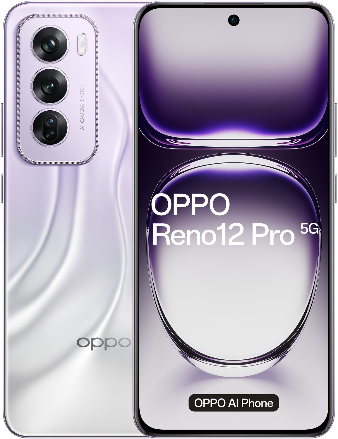 Fioletowy telefon Oppo Reno12 Pro 5G, pokazujący przód i tył, z systemem potrójnego aparatu.