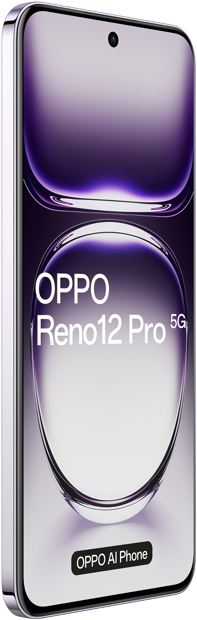 Fioletowy telefon o zakrzywionym designie. Telefon ma napis OPPO Reno12 Pro 5G i OPPO AI Phone.
