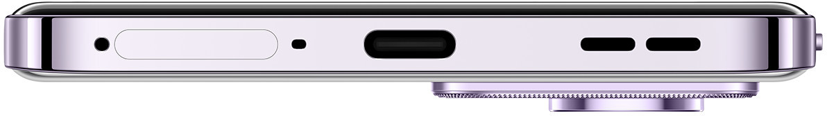 Dolna krawędź fioletowego smartfona. Pokazuje port USB-C, otwory głośników i mikrofon.