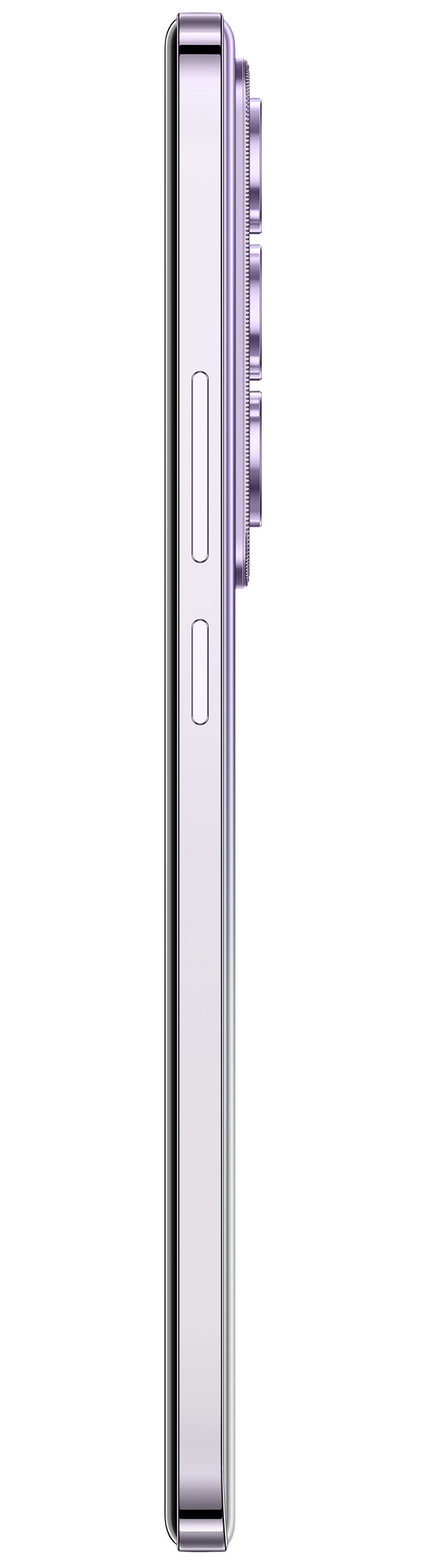 Widok z boku fioletowego smartfona z aparatami, przyciskami i gładkim wykończeniem.