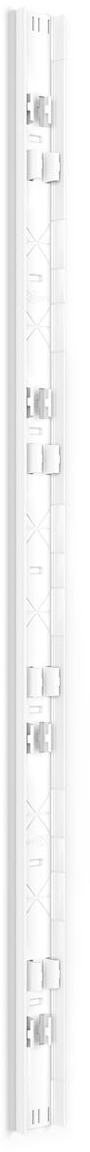 Un support métallique vertical, grand et blanc, avec de multiples fentes ou ouvertures espacées uniformément pour le stockage ou l'affichage.