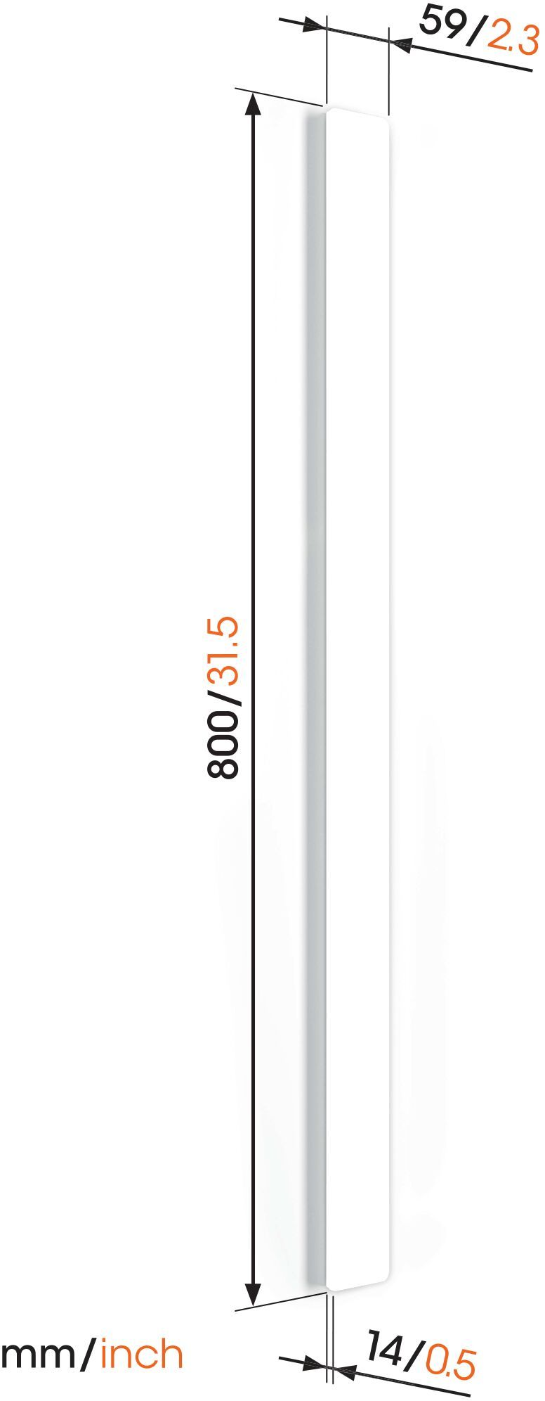 Longue barre lumineuse blanche avec dimensions en mm et pouces : 800/31,5 mm, 59/2,3 mm, et 14/0,5 mm.