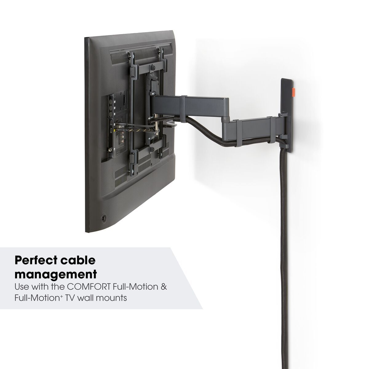 An der Wand befestigter Fernseher mit flexiblem Arm; Text lautet 'Perfektes Kabelmanagement'.