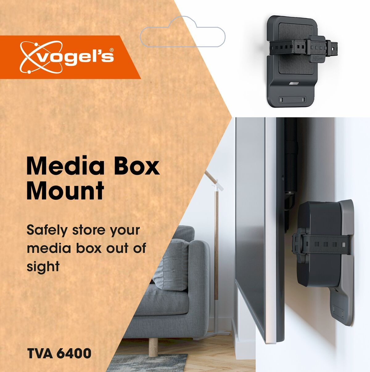 Media Box Halterung an der Wand. Ein Fernseher ist ebenfalls an der Wand montiert.