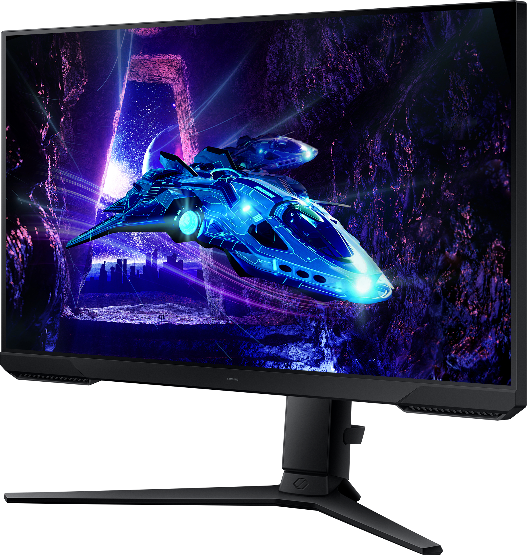 Gaming-Monitor zeigt ein futuristisches Raumschiff in einer Weltraum-Szene mit lila und blauen Farbtönen.