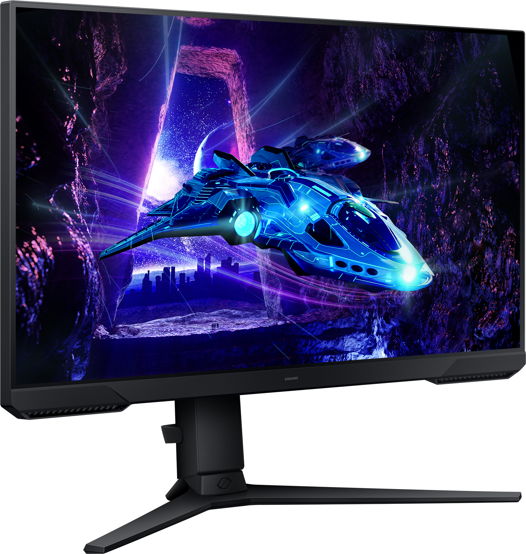 Ein Gaming-Monitor zeigt eine futuristische Raumschiffszene in einer Höhlenumgebung.