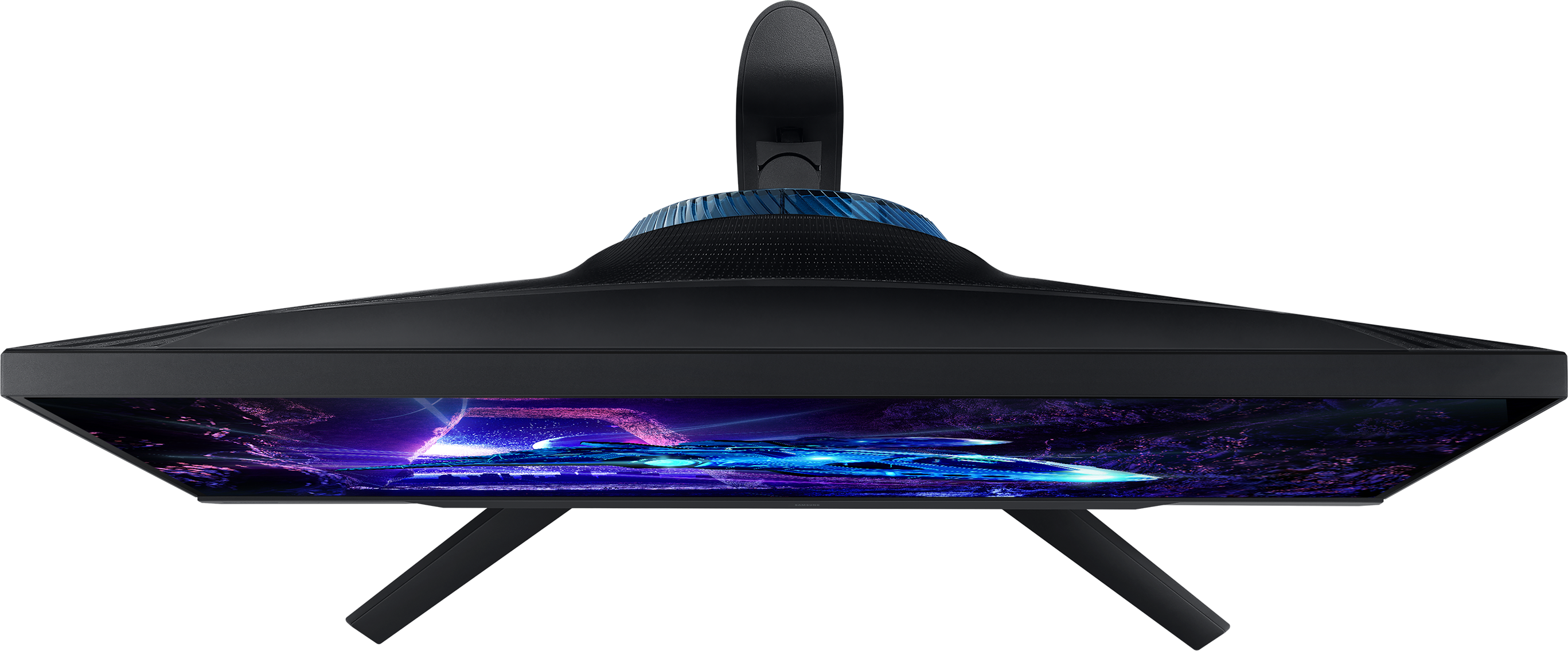 Draufsicht auf schwarzen Monitorbildschirm mit blauem und violettem Licht.