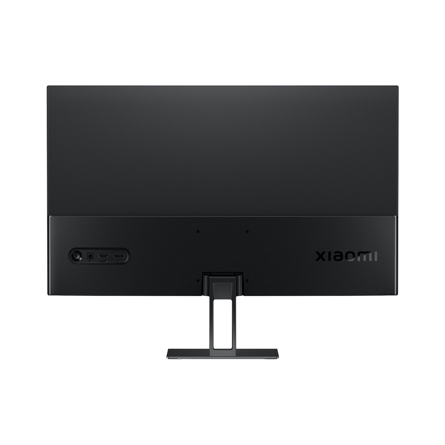 Parte trasera de un monitor de computadora negro. Tiene puertos de conexión y la marca 'Xiaomi'.