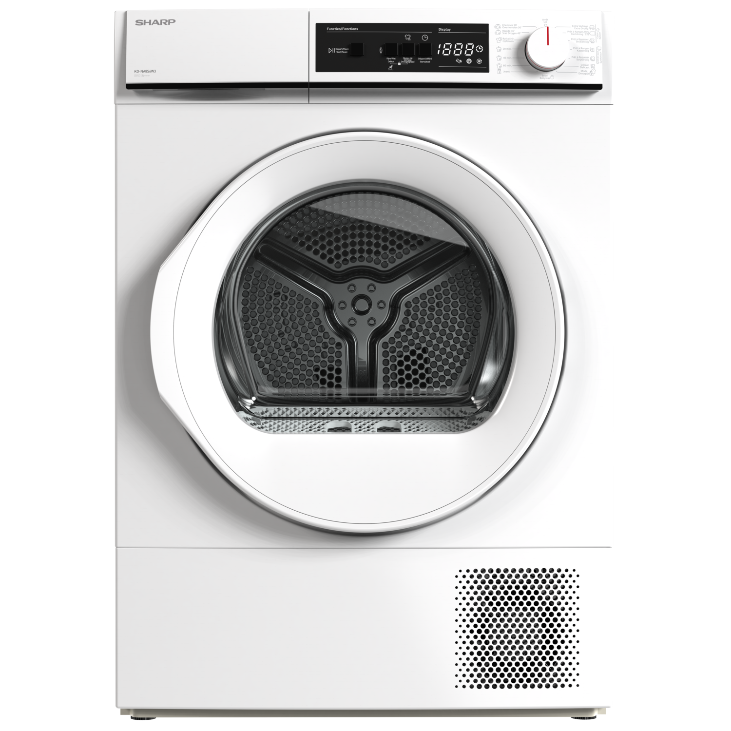 Lave-linge blanc avec affichage numérique et porte ronde. La machine possède un panneau de commande.