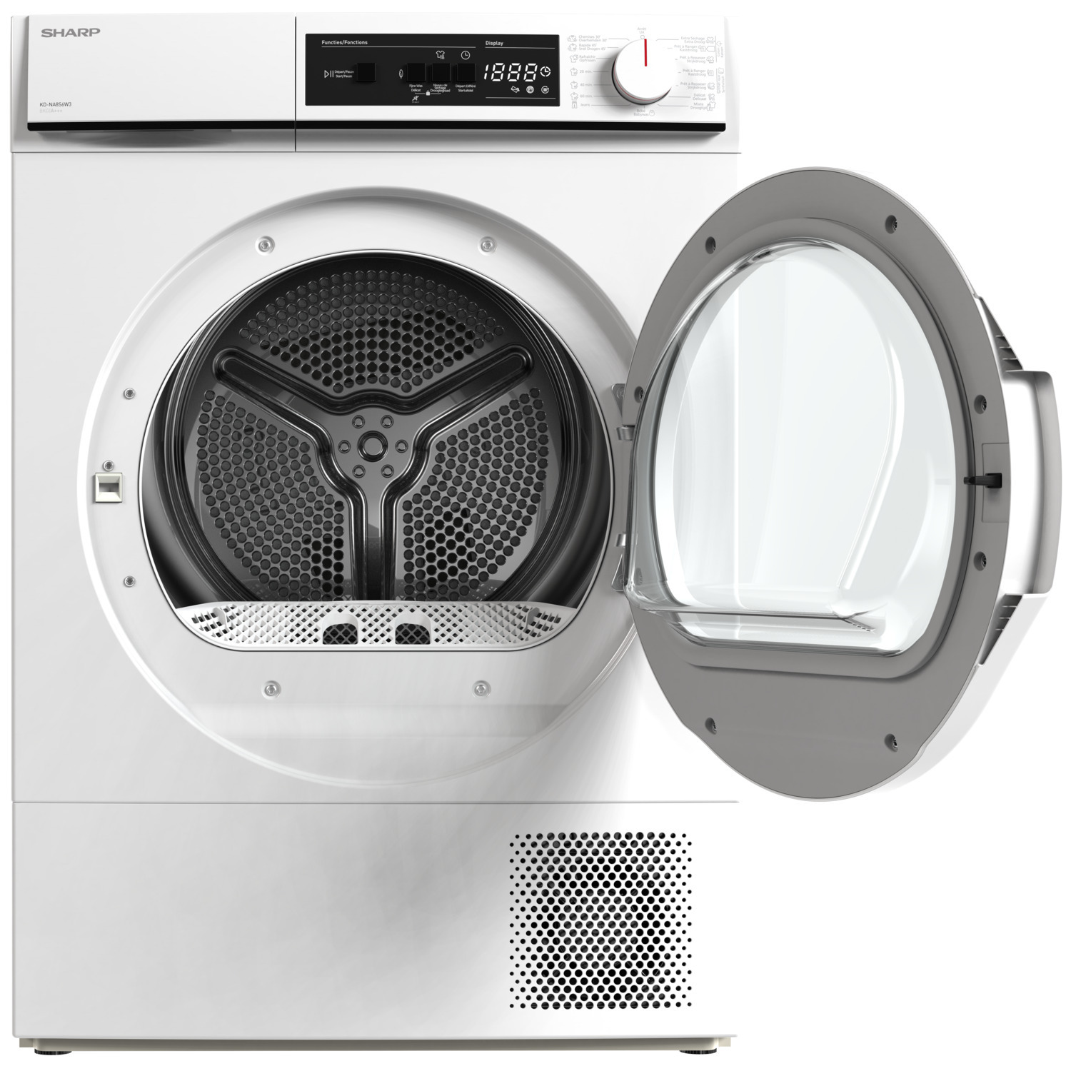 Sèche-linge blanc avec la porte ouverte, montrant l'intérieur.