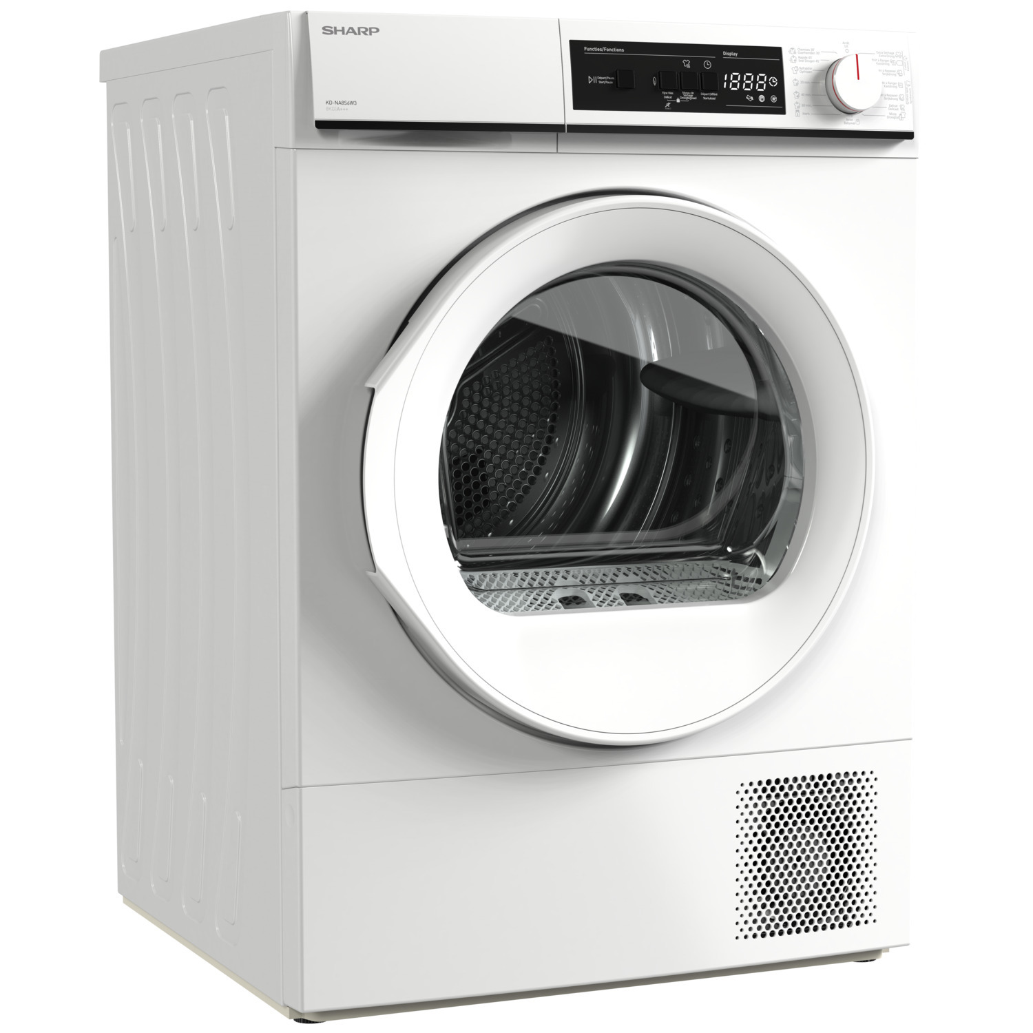 Sèche-linge blanc sur fond blanc avec écran noir et porte ronde.