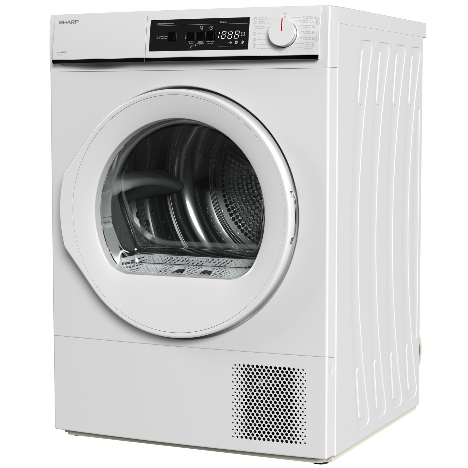 Un sèche-linge SHARP blanc, avec une porte circulaire et un affichage.