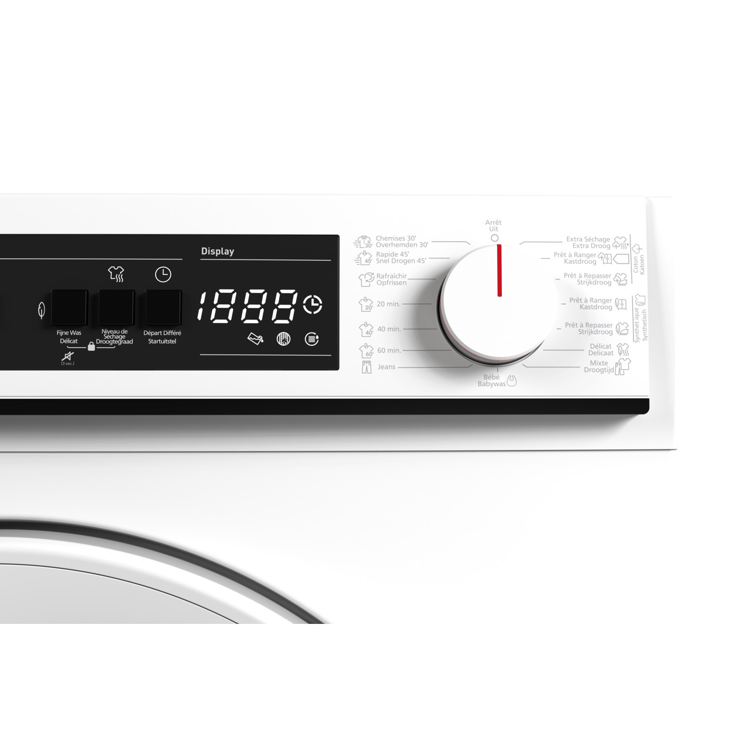 Gros plan sur le panneau de commande d'un lave-linge. Il a un écran, un cadran et des icônes de programme.
