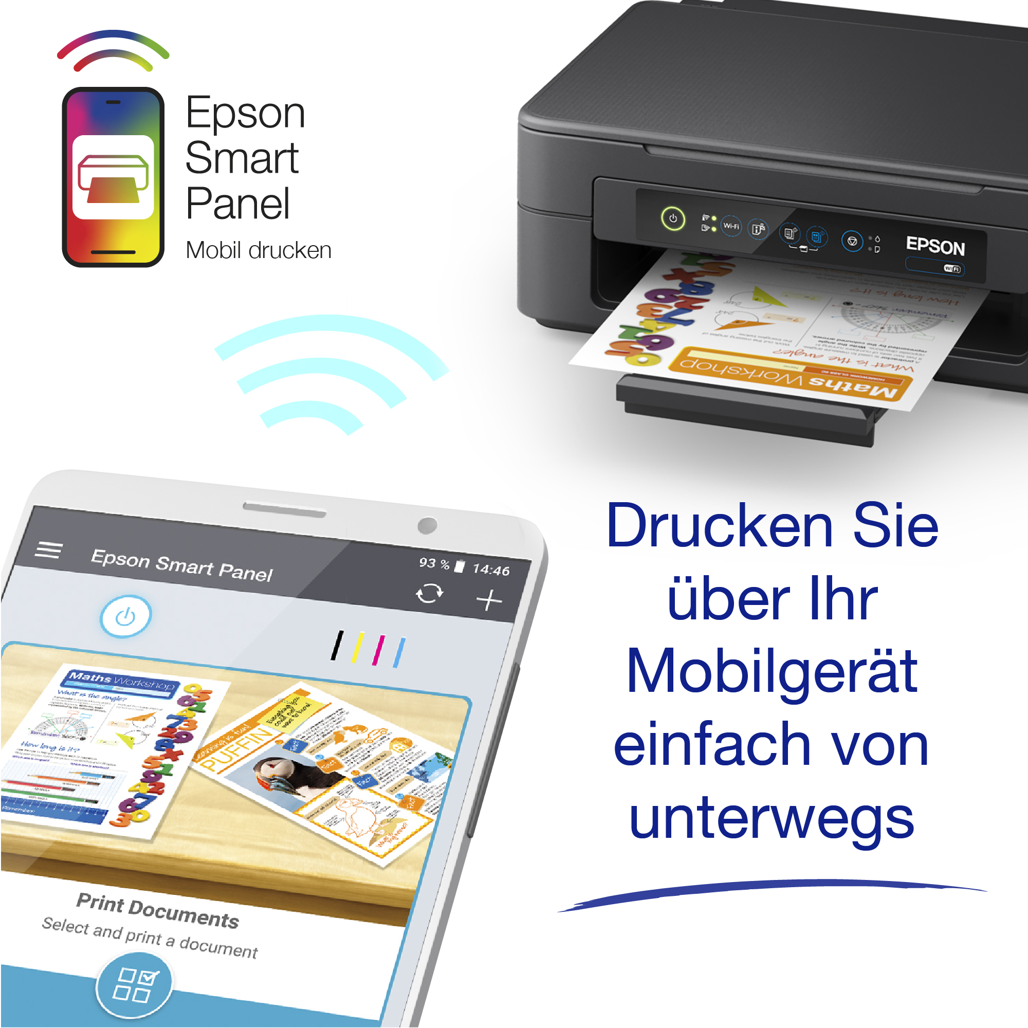 Ein Drucker neben einem Smartphone, das ein Dokument anzeigt. Das Telefon hat ein Drucksymbol.