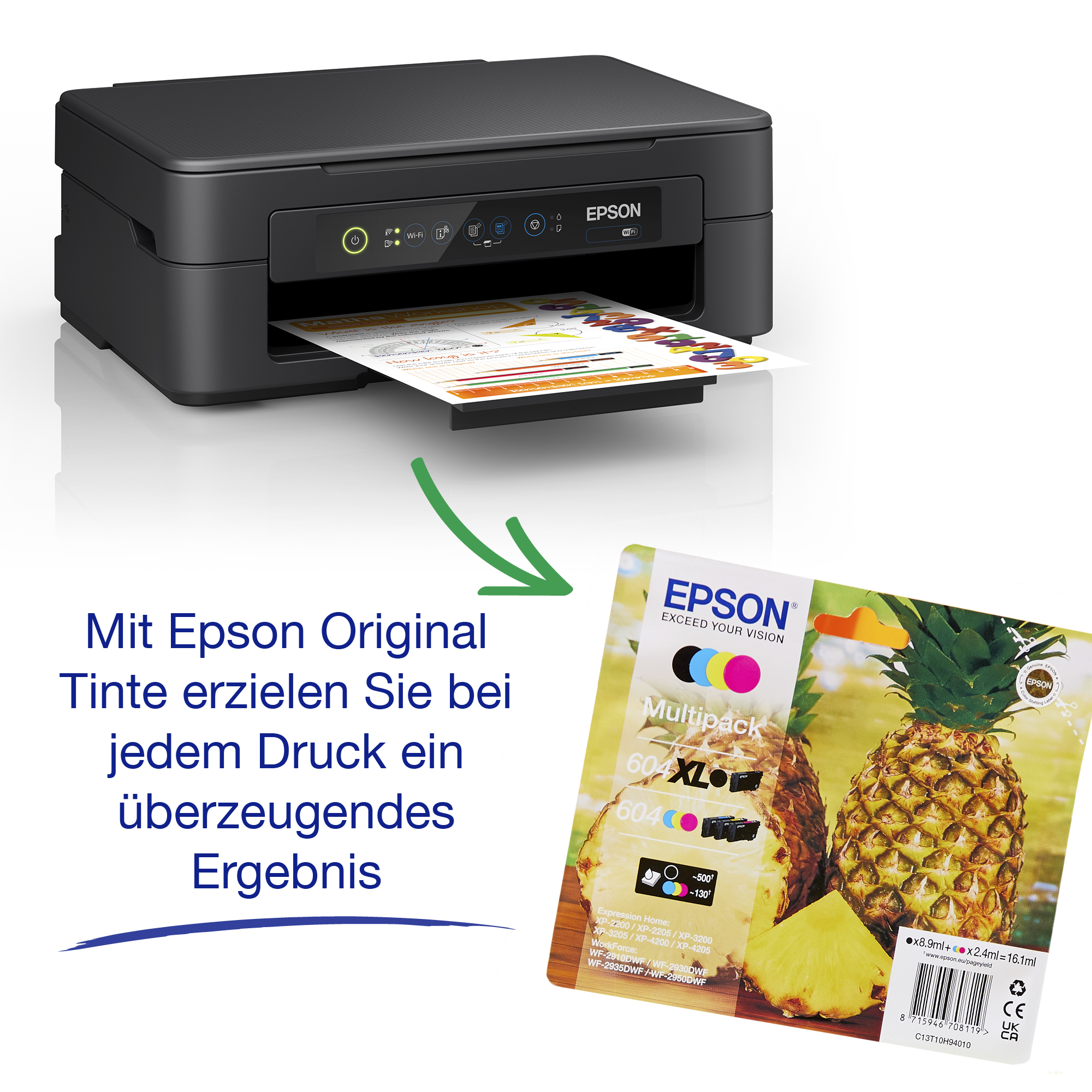 Ein Drucker mit Papier und einem Druckerpatronenkasten.