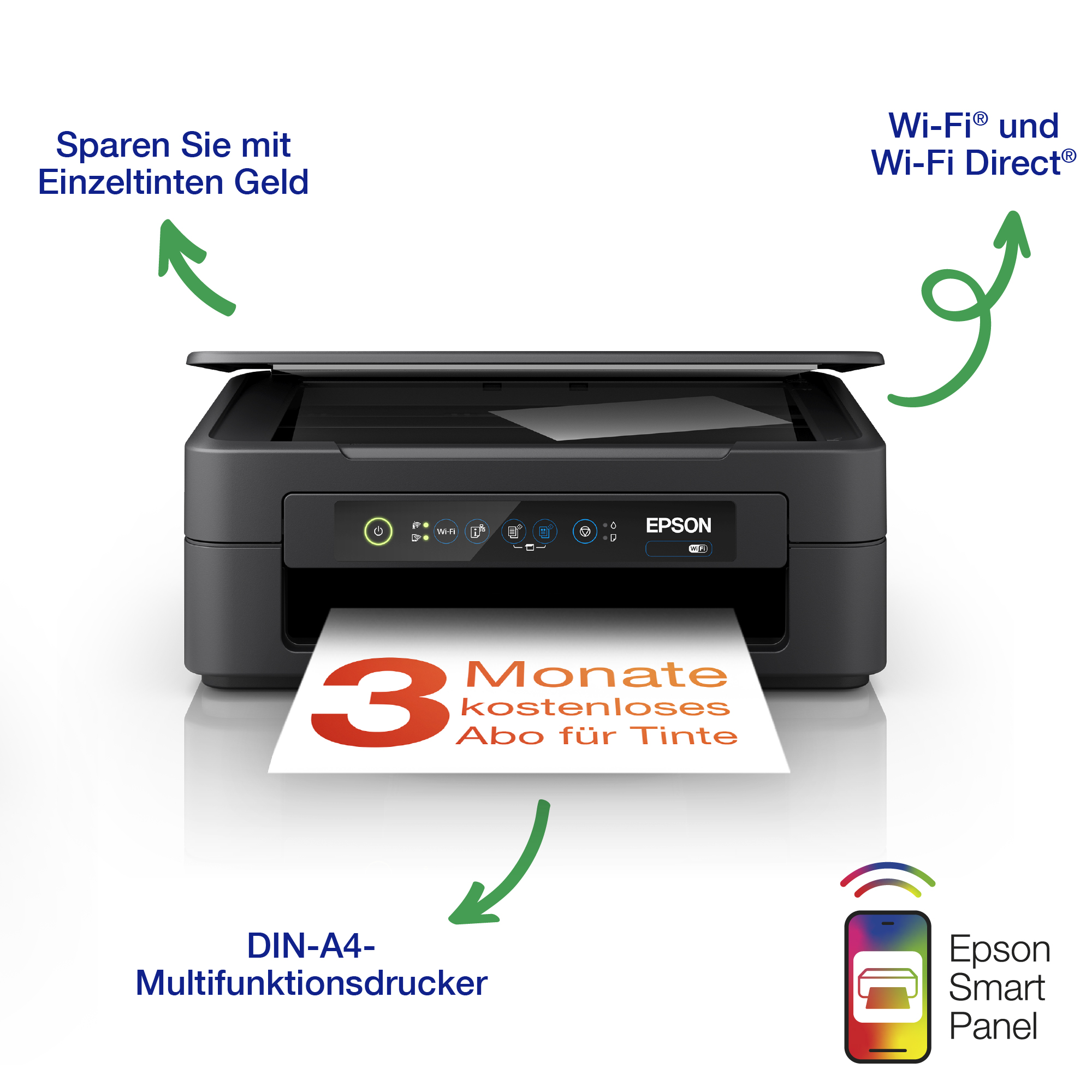 Ein Epson-Drucker mit Text und Pfeilen, die auf Funktionen wie Wi-Fi und 3 Monate kostenlose Tinte zeigen.