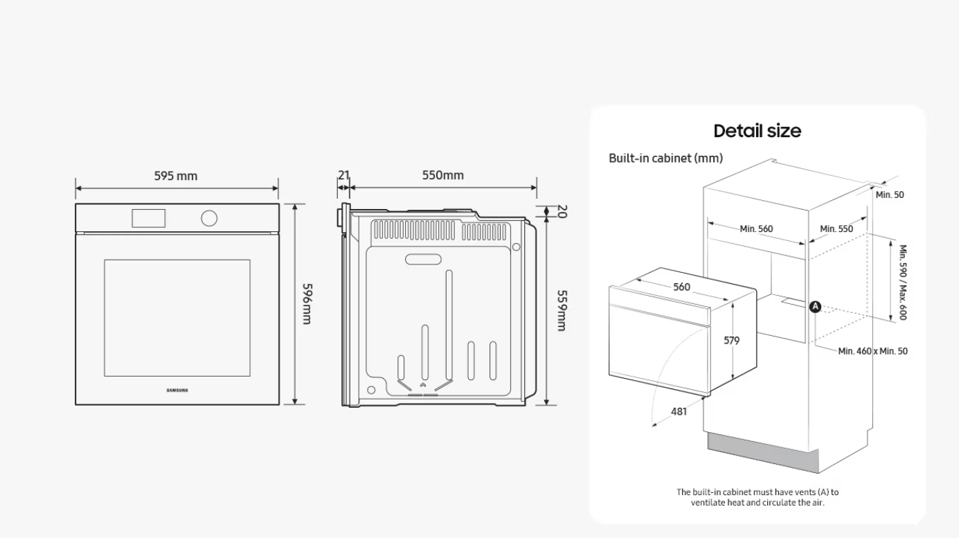 Diagramm mit Ofenabmessungen und einer Einbau-Schrank-Illustration. Enthält Messungen in mm und einen Hinweis zu den Belüftungen.