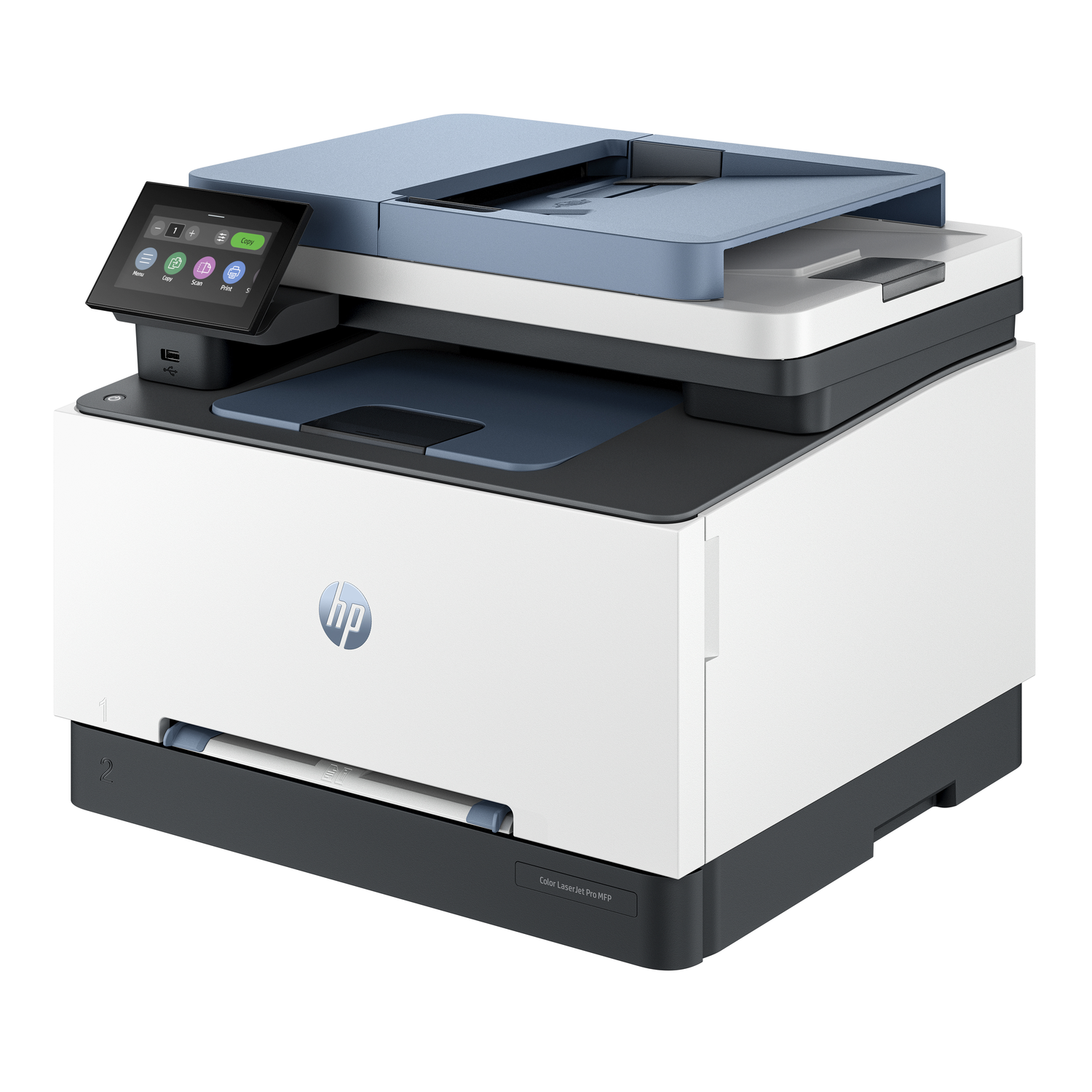 A white and blue HP printer. It has a touchscreen and a scanner. The background is white.
