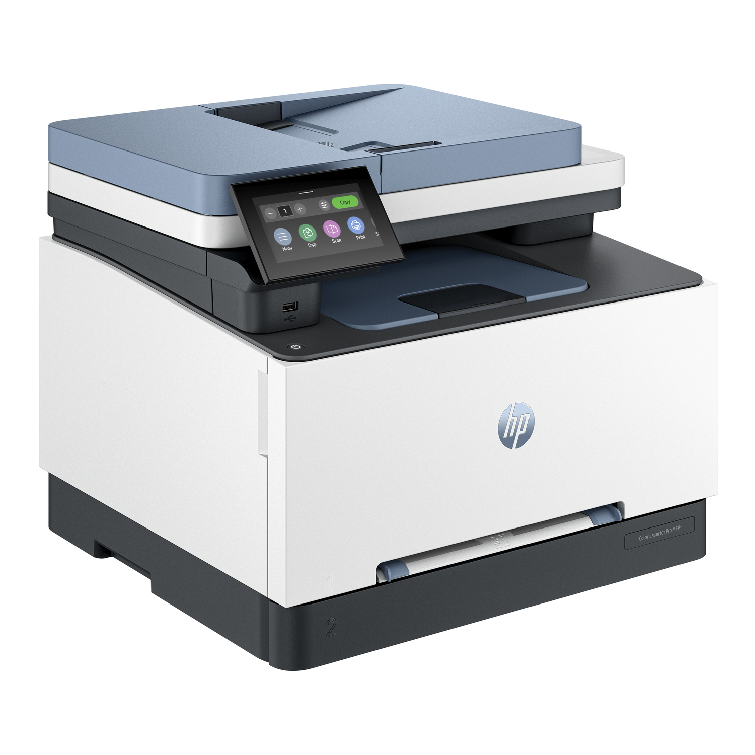 An HP color laser printer with a touchscreen display. It has a blue top and a white body.