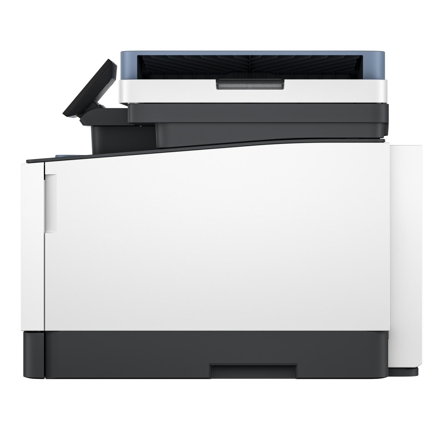 White printer with a black base and a blue top, side view.