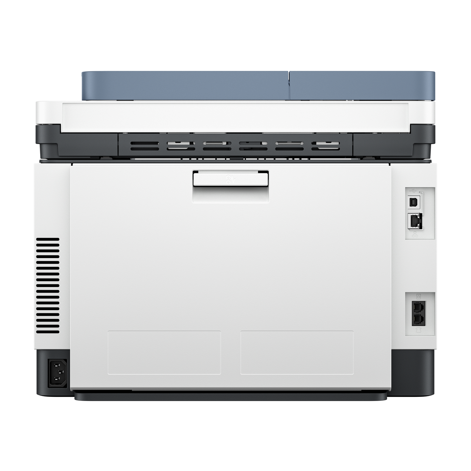 White printer with blue top seen from the back.