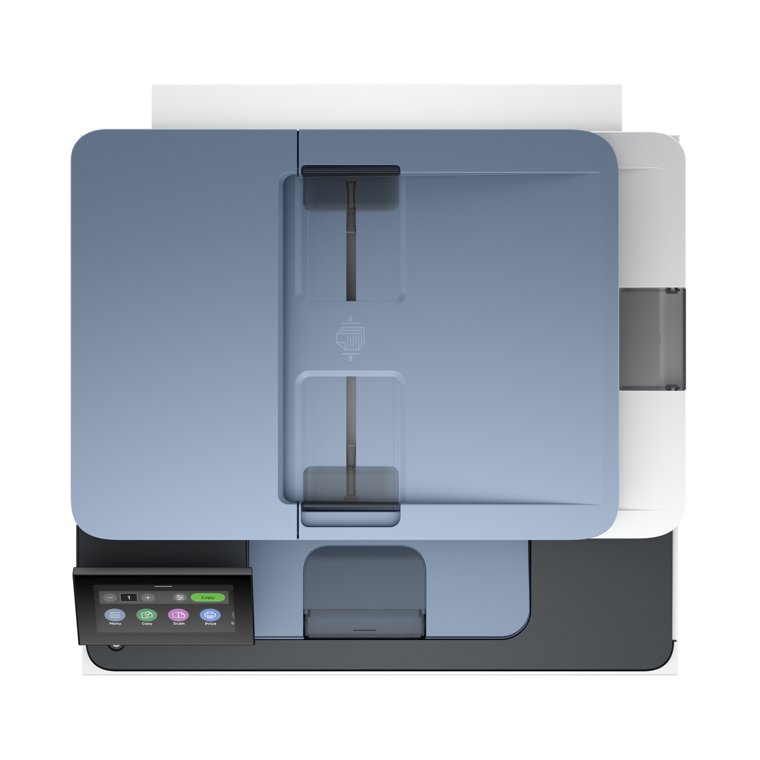 Printer from above, blue cover, control panel.