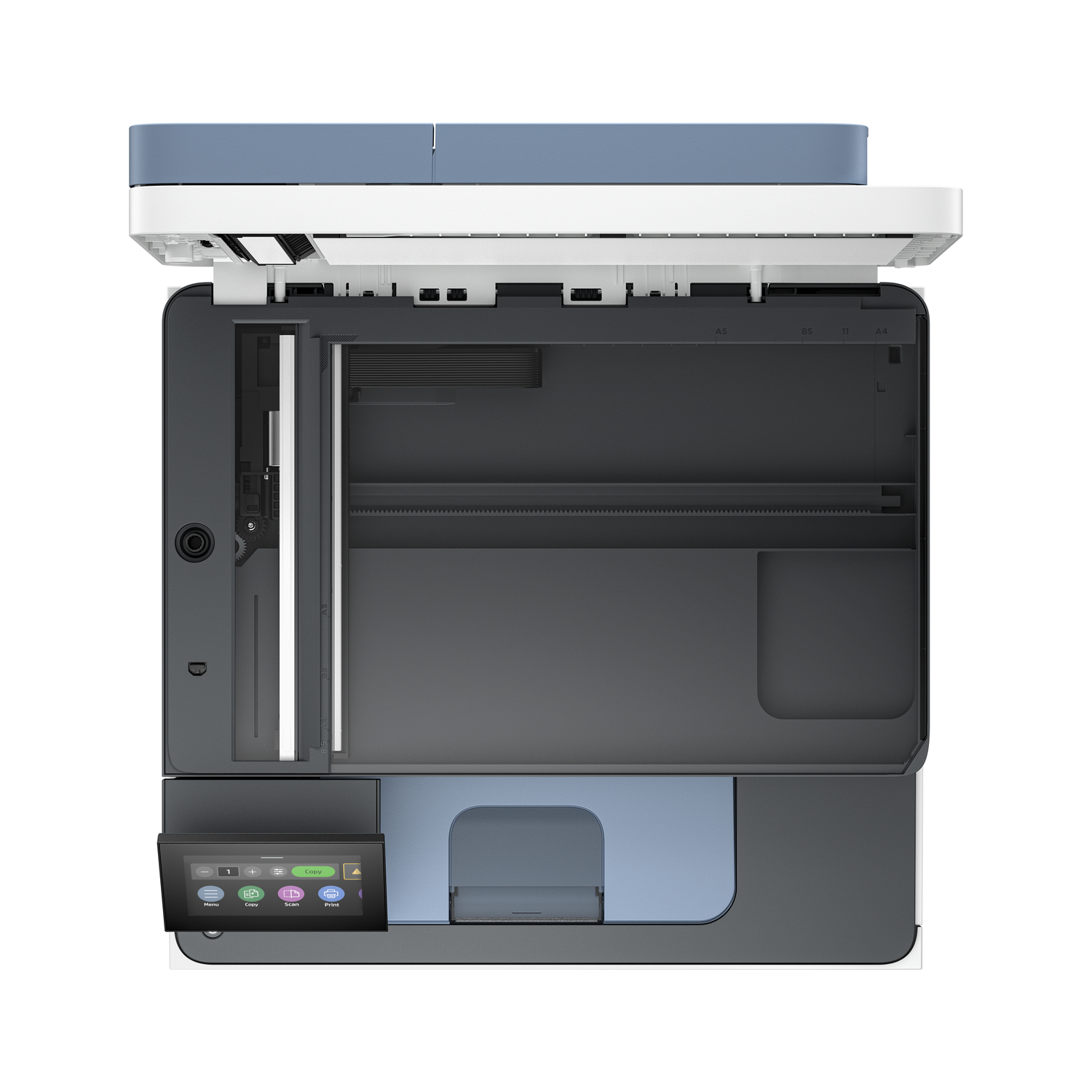Top view of a multi-function printer, with the top open. It is white, gray and blue.