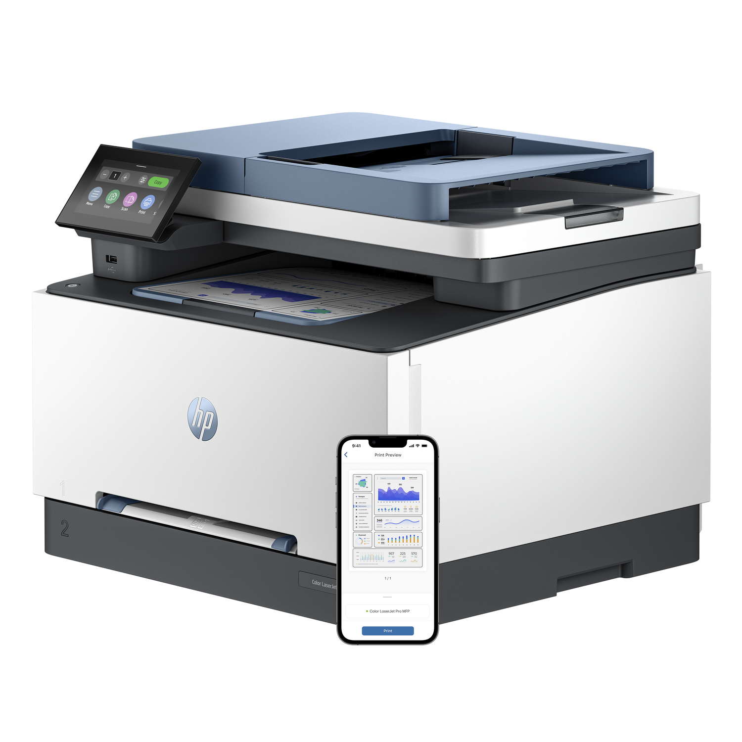 A white and blue printer with a screen and a phone showing a print preview on the side.