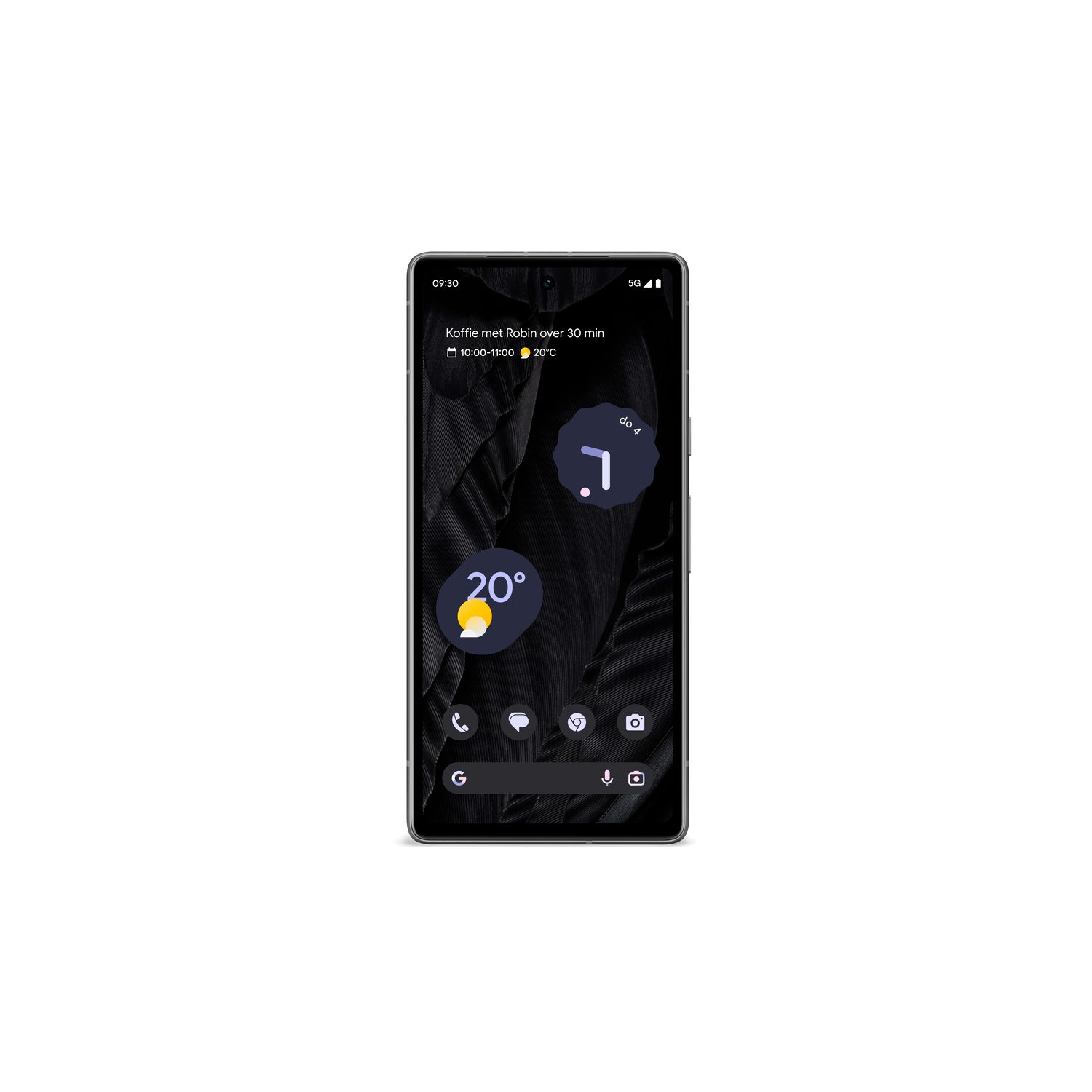 Een telefoonscherm met een weer-app. De achtergrond is een donker, abstract ontwerp. Witte achtergrond.