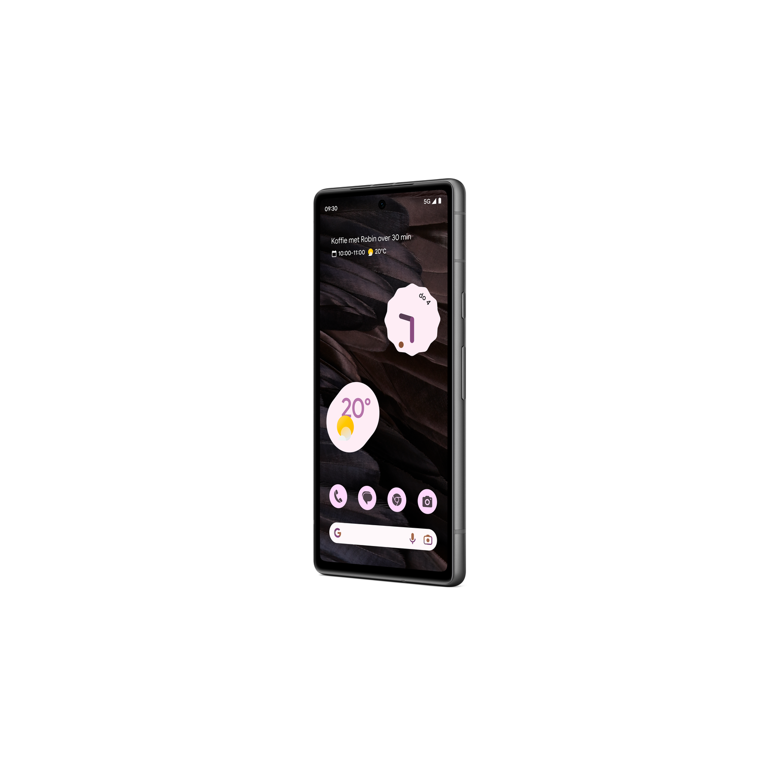 Een zwarte Google Pixel telefoon met een weer-app en de tijd.