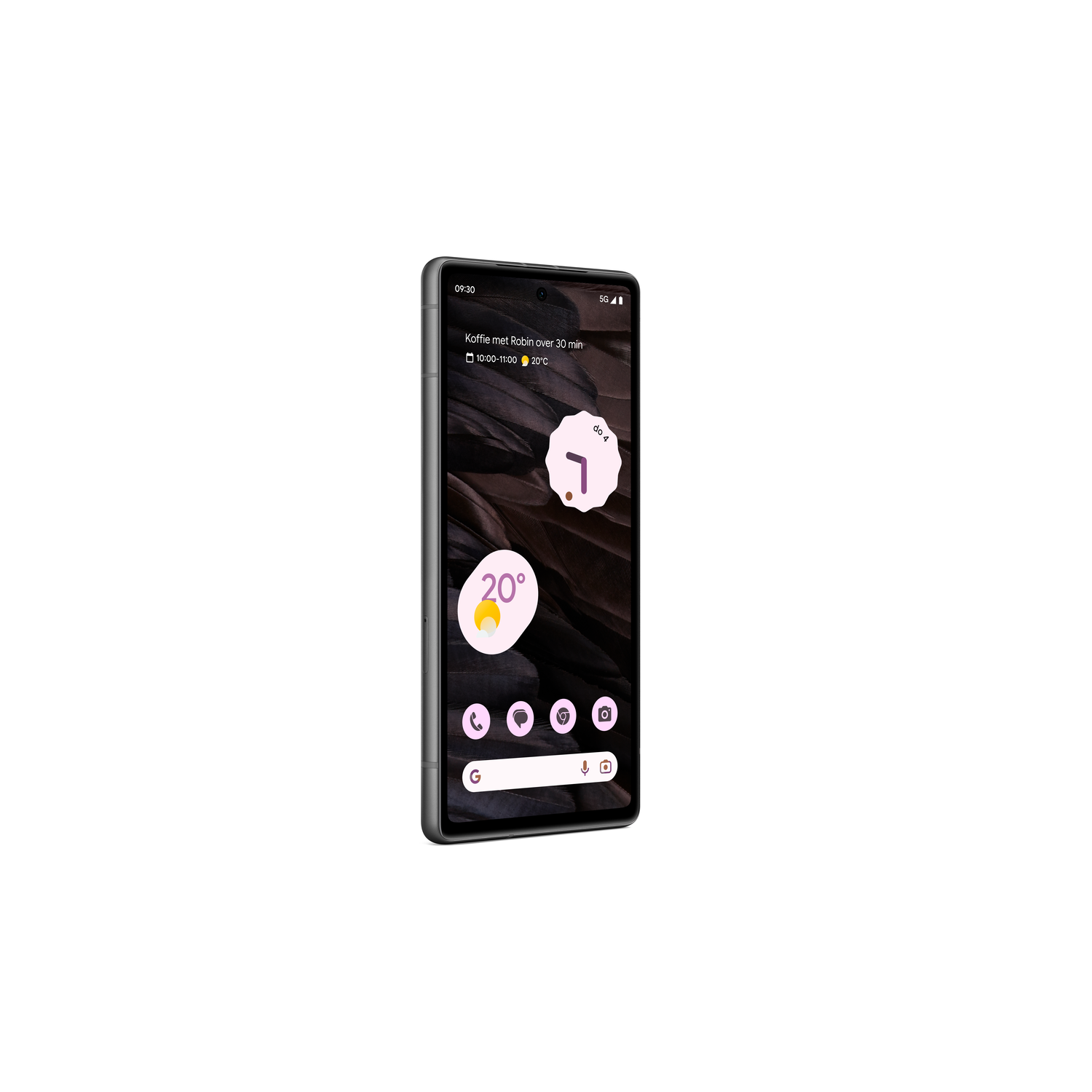 Een zwarte smartphone met een scherm dat tijd, temperatuur en app-iconen weergeeft, op een witte achtergrond.