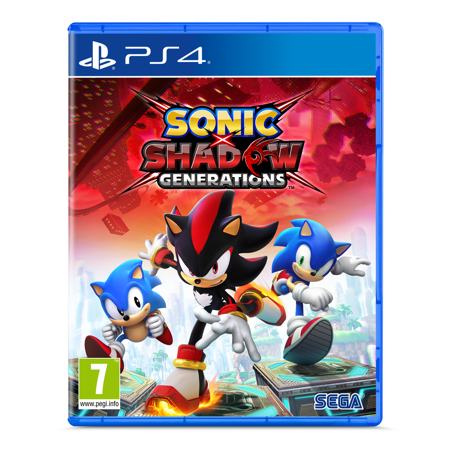 PS4-gamebox met Sonic, Shadow en Sonic. De achtergrond is een stadsgezicht.