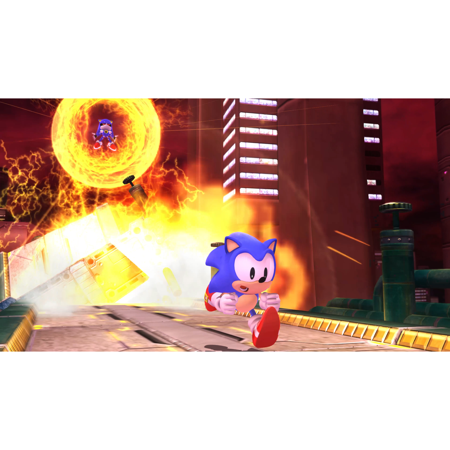 Sonic the Hedgehog rent door een futuristisch level met een gigantische zon op de achtergrond.