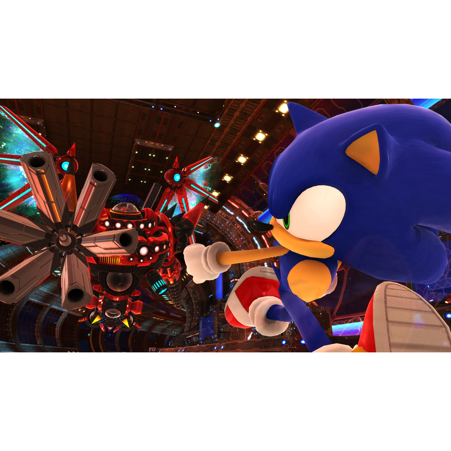 Sonic the Hedgehog staat tegenover een mechanische vijand in een futuristische, metalen omgeving.
