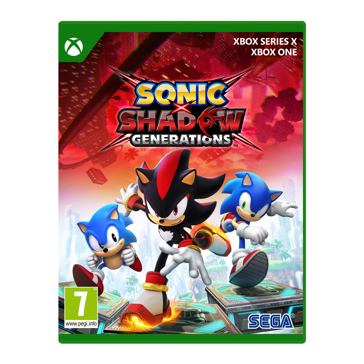 Videogame doos voor Sonic, Shadow en Sonic. Personages rennen op een groen platform.